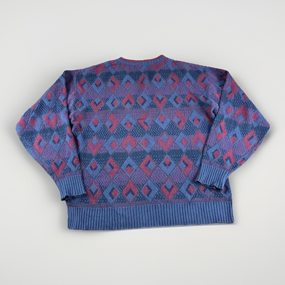 Vintage Isle of Cotton Sweater Mens M Diamond Blue Sweatshirt Cosby Grandpa 90s - Picture 2 of 6